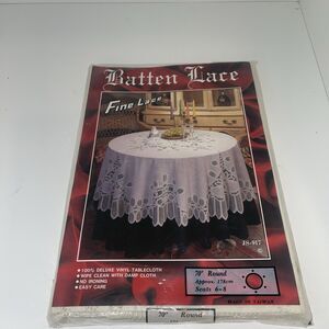 Vintage Batten Lace White Vinyl Tablecloth 70" Round NOS Sealed in Bag